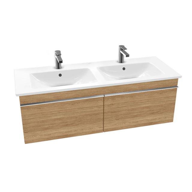 Villeroy & Boch Venticello double washbasin with vanity unit with 2 pull-out compartments front kansas oak / corpus kansas oak, handle chrome, WB white, with CeramicPlus, with 2 tap holes