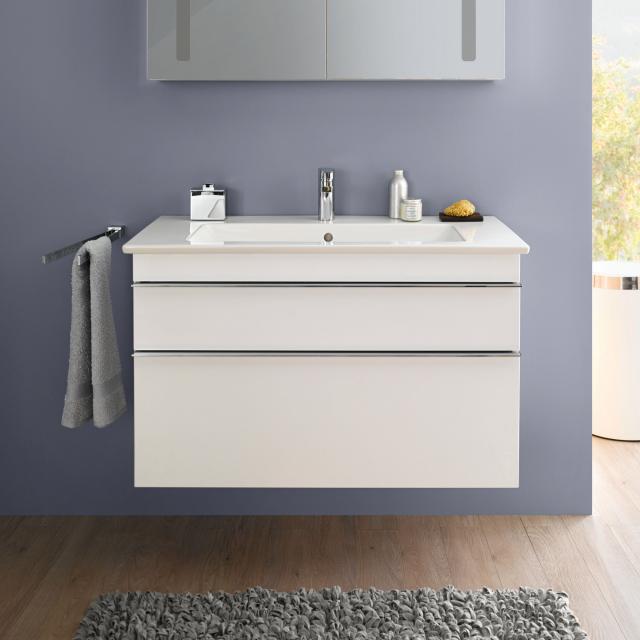 Villeroy & Boch Venticello Lavabo avec meuble sous-lavabo, 2 tiroirs blanc brillant, poignée chrome, lavabo blanc, avec CeramicPlus, 1 trou percé