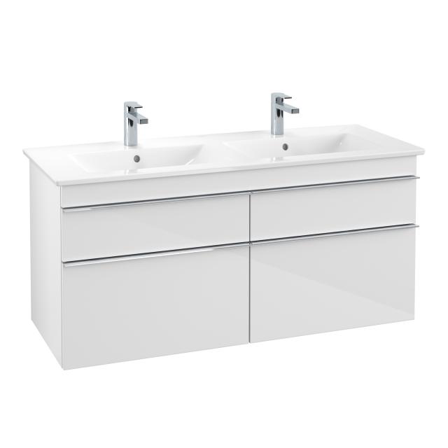 Villeroy & Boch Venticello Lavabo double avec meuble sous-lavabo à 4 tiroirs blanc brillant, poignée chrome, lavabo blanc, avec CeramicPlus, 2 trous percés