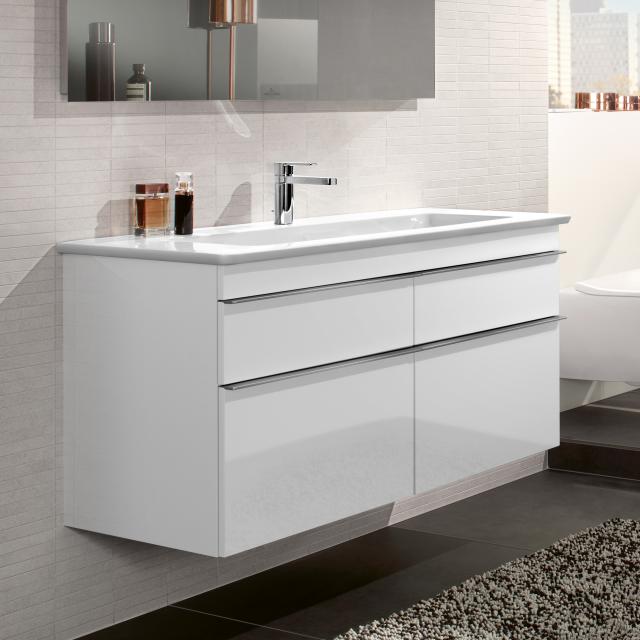 Villeroy & Boch Venticello Meuble sous-lavabo XXL pour lavabo double, avec 4 tiroirs Façade blanc brillant/corps du meuble blanc brillant, poignée chromée