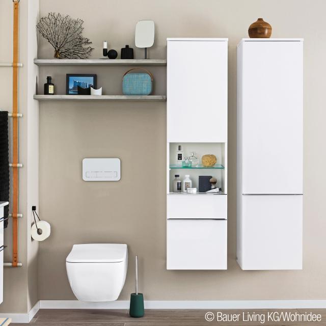 Villeroy & Boch Venticello tall unit with open central compartment, 2 pull-out compartments and 1 door front glossy white / corpus glossy white, chrome handles