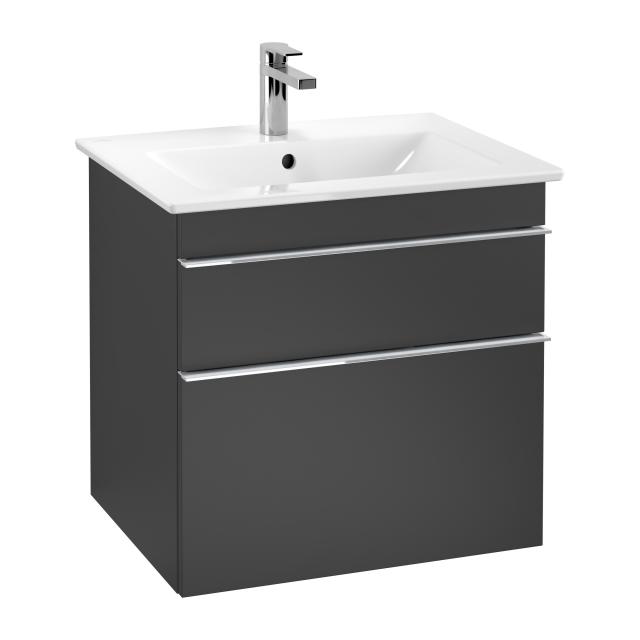 Villeroy & Boch Venticello washbasin with vanity unit with 2 pull-out compartments front matt black / corpus matt black, handle chrome, WB white, with CeramicPlus, with 1 tap hole