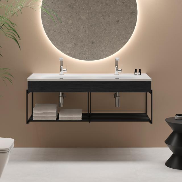 VitrA Equal Lavabo double avec cache et plan de toilette métallique, 2 tablettes Façade chêne noir/noir mat/corps du meuble chêne noir/noir mat, lavabo blanc