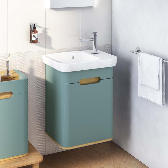 VitrA Sento hand washbasin with vanity unit with 1 door front matt fjord green / corpus matt fjord green/oak