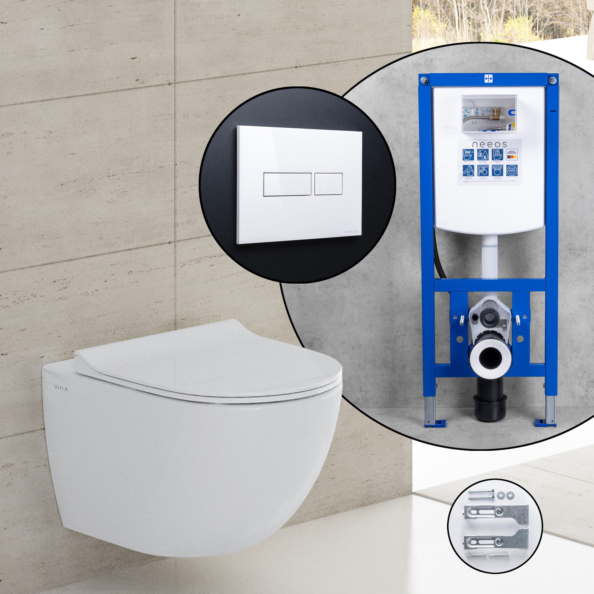 matrix bagværk Anemone fisk VitrA Sento complete SET wall-mounted toilet with neeos pre-wall element  flush plate with rectangular button in white, toilet in white -  7748B403-0075+16603WH#SET | REUTER