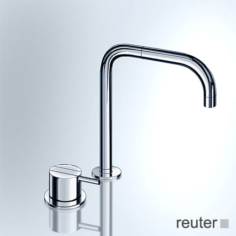 Vola 590 two hole, single lever mixer with double swivel spout, without waste set stainless steel